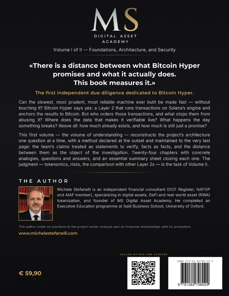Quarta capa do volume “Due Diligence of a Layer 2 – The Bitcoin Hyper Case, Volume I”, de Michele Stefanelli